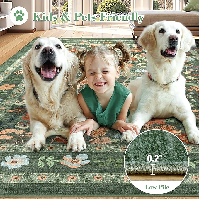 Deerly Green Floral Rug 5x8 Vintage Boho Washable Non-Slip Living Room Carpet Soft Low Pile Thin Bedroom Floor Mat Indoor Home Decor for Dining Room Playroom Nursery Farmhouse, Green/Multi