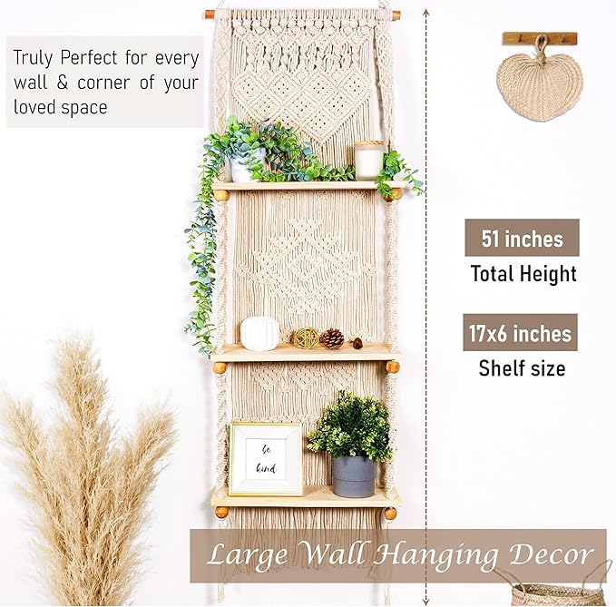 Macrame Wall Hanging Shelf 3 Tier Boho Wall Plant Hanger Shelves, Handmade of Woven Rope Boho Shelves Organizer for Living Room Bathroom Home Storage Floating Plant Rack Bohemian décor