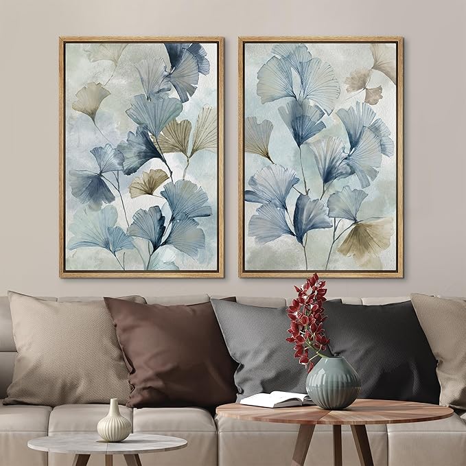 MUDECOR Framed Canvas Print Wall Art Blue Ginkgo Flower Illustrations Modern Art Decorative Bohemian Colorful Chic for Living Room, Bedroom, Office - 24"x36"x2 Natural