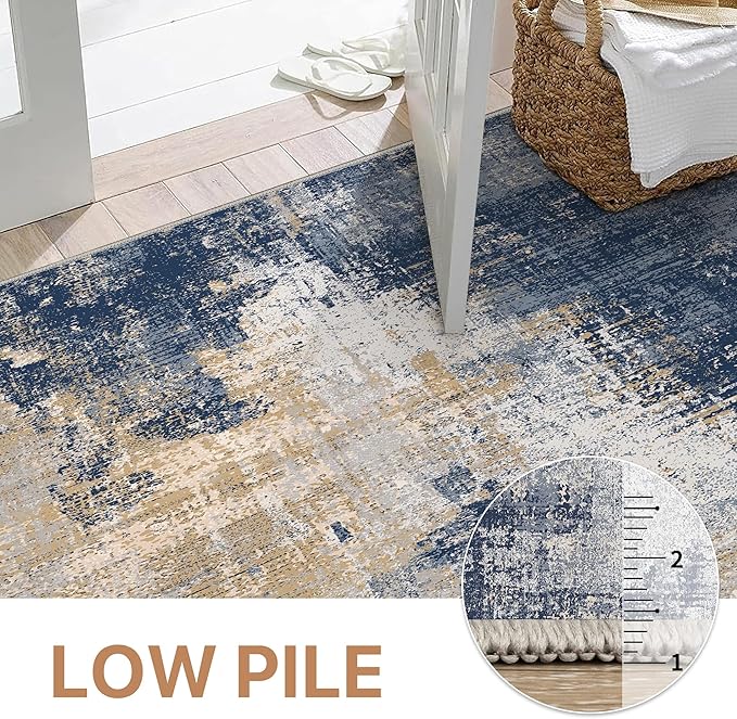 GENIMO Washable Area Rugs for Living Room Bedroom, 8x10 Modern Abstract Non Slip Rug, Low Pile Soft Contemporary Indoor Floor Carpet Cover for Dining Room Kitchen, Navy Blue