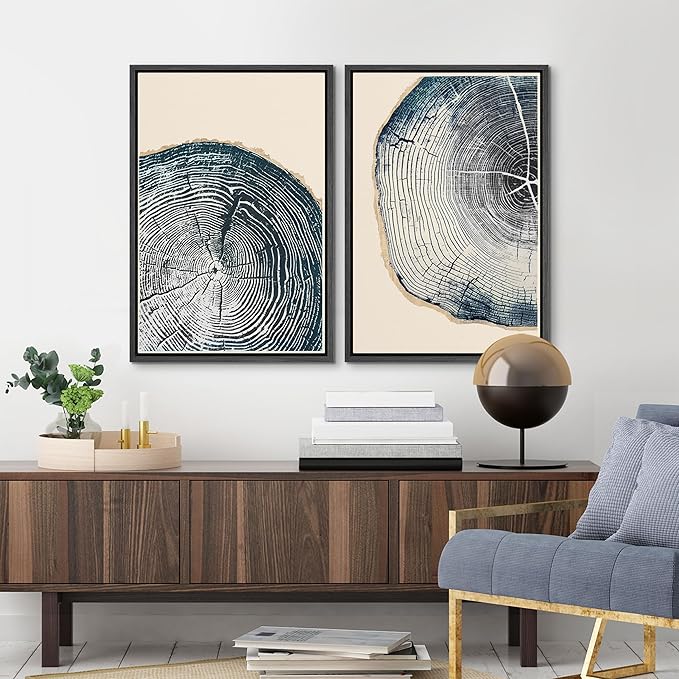 MUDECOR Framed Canvas Print Wall Art Navy Blue Wood Tree Ring Nature Illustration Modern Art Decorative Multicolor Geometric Minimal for Bedroom - 16"x24"x2 Black