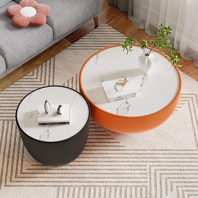Round Coffee Table Set of 2, 2 Piece Luxury Cup Shape Leather End Tables Living Room Sets, Modern Circle Bedroom Side Tables Set of 2 with PU Leather Sofa Sets for Living Room Bedroom