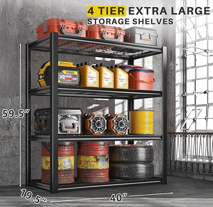REIBII 40" W Garage Shelving 2240 LBS Storage Shelves Adjustable Metal Shelving Heavy Duty 4 Tier Metal Shelves for Garage Kitchen Pantry Warehouse Basement 40" W × 19.5" D × 59.5" H