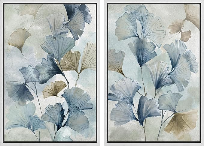 MUDECOR Framed Canvas Print Wall Art Blue Ginkgo Flower Illustrations Modern Art Decorative Bohemian Colorful Chic for Living Room, Bedroom, Office - 16"x24"x2 White