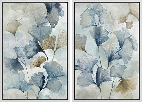 MUDECOR Framed Canvas Print Wall Art Blue Ginkgo Flower Illustrations Modern Art Decorative Bohemian Colorful Chic for Living Room, Bedroom, Office - 24"x36"x2 White