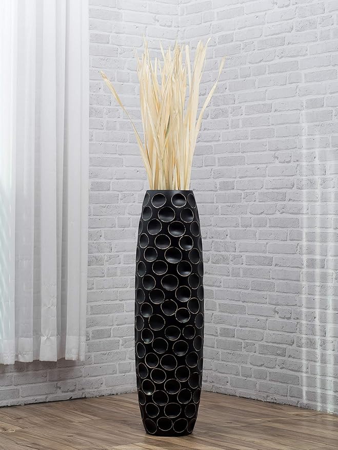 Leewadee Large Black Home Decor Floor Vase – Wooden 36 inches Tall Farmhouse Decor Flower Holder for Fake Plant and Pampas Grass