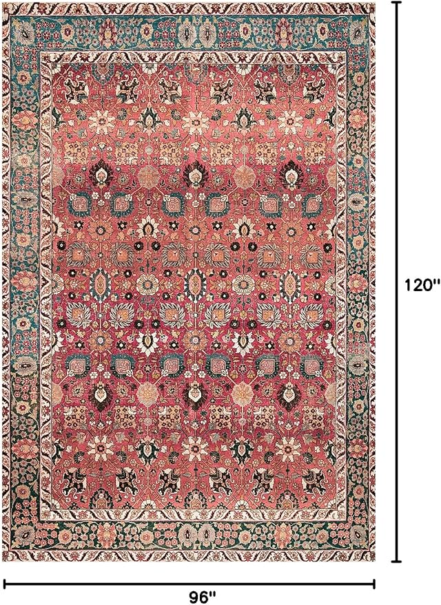 vivorug 8x10 Area Rugs for Living Room, Non-Slip Backing Washable Rug 8x10, Red Large Area Rug Soft Carpet for Bedroom Dining Room, Vintage, Easy Clean, Durable, Low Pile Rug Under Table