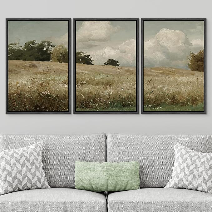 SIGNWIN Framed Canvas Print Wall Art Woodland Nursery Decor Set Watercolor Country Field Landscape Pasture Nature Abstract Fine Art Nordic for Living Room, Bedroom, Office - 16"x24"x3 Black