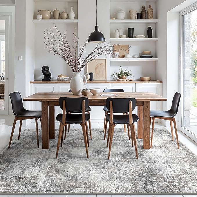 GENIMO Washable Area Rugs for Living Room Bedroom, 10x12 Modern Abstract Non Slip Rug, Low Pile Soft Contemporary Indoor Floor Carpet Cover for Dining Room Kitchen, Grey