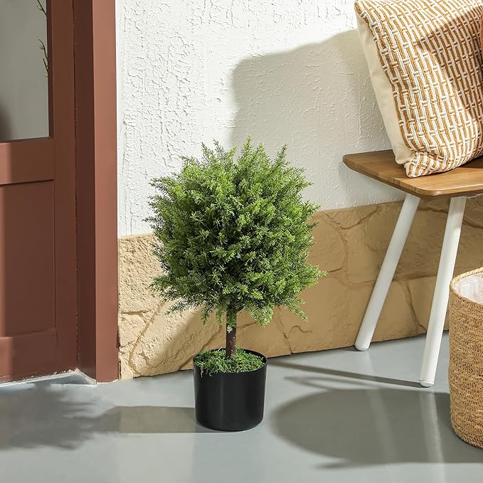 HOMCOM Artificial Plants Set of 2 Decorative Cedar Topiary Trees in Pots, Fake Plants for Home Indoor Outdoor Front Porch, 21.7 inch, Green
