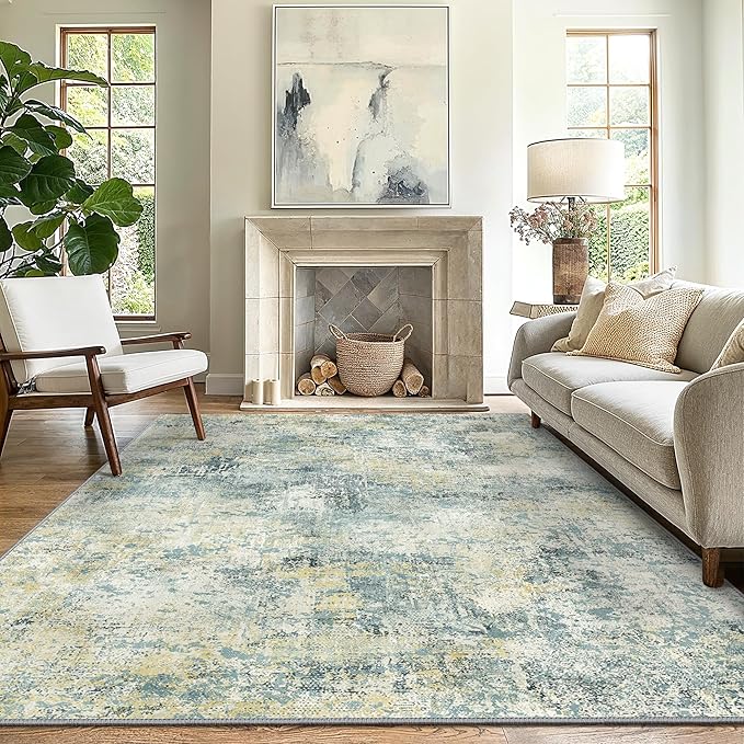 GENIMO Washable Area Rugs for Living Room Bedroom, 8x10 Modern Abstract Non Slip Rug, Low Pile Soft Contemporary Indoor Floor Carpet Cover for Dining Room Kitchen, Teal