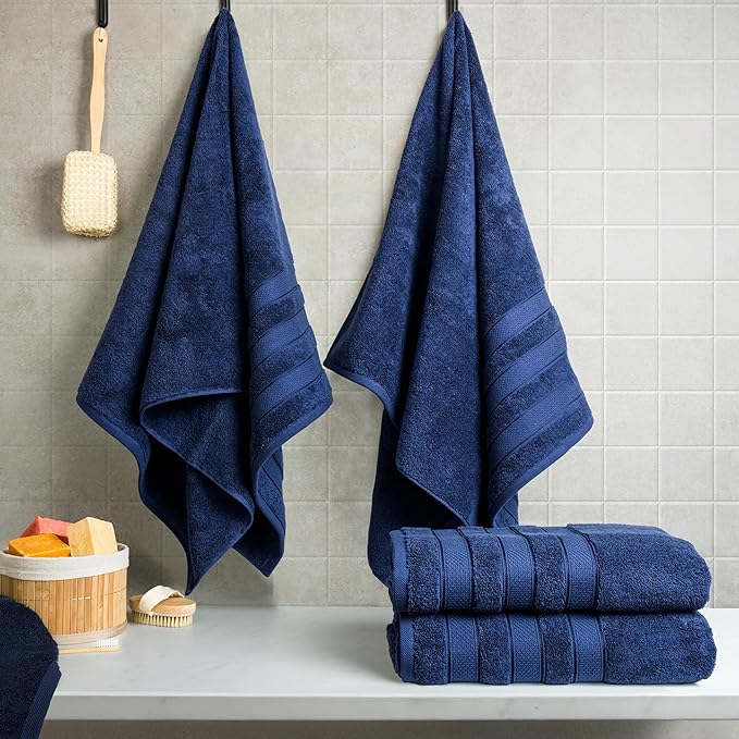 American Soft Linen Salem 100% Cotton Turkish 4 Piece Bath Towels for Bathroom, 600 GSM Soft Absorbent Quick Dry Bath Towel Set, Navy Blue