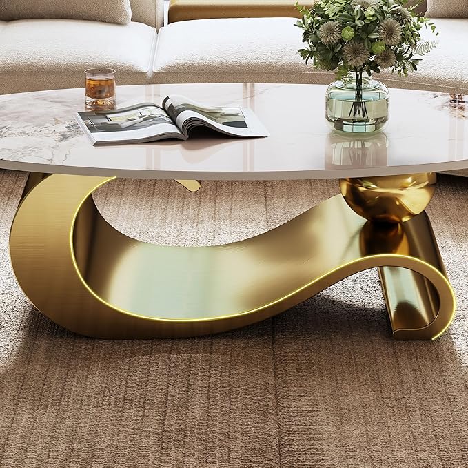 49.2" Oval Marble Coffee Table with Geometric Stainless Steel Base, Modern Sintered Stone Coffee Tables for Living Room, Luxury White Gold Cocktail Center Table Living Room Furniture for Home Decor