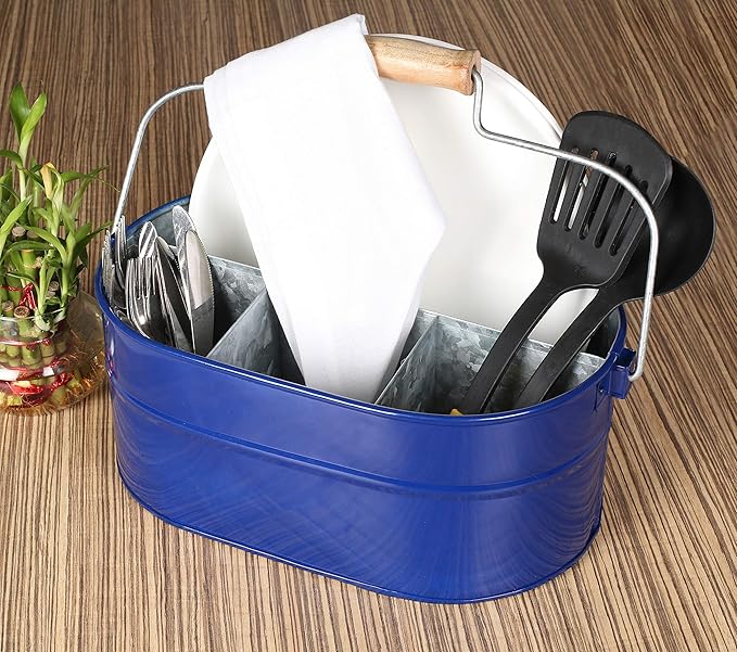 Alpha Living Home 4-Section Galvanized Utensil Caddy - Farmhouse Organizer with 4 Compartments and Wooden Handle - Versatile Storage for Kitchen, Outdoor & Party Essentials (Blue)