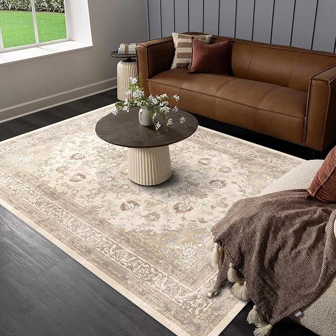 vivorug Beige 5x7 Area Rugs - Ultra-Thin Washable Rug with Non-Slip Backing, Ideal for Living Room, Bedroom, Kitchen Floor Carpet - Vintage Floral, Easy Clean, Durable, Low Pile