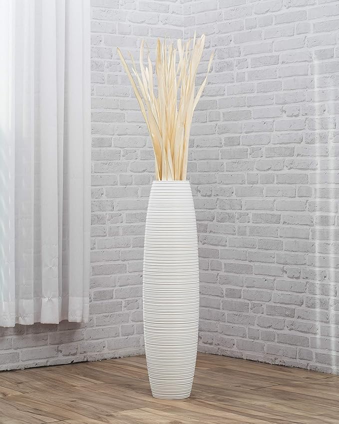 Leewadee Large White Home Decor Floor Vase – Wooden 36 inches Tall Farmhouse Decor Flower Holder for Fake Plant and Pampas Grass