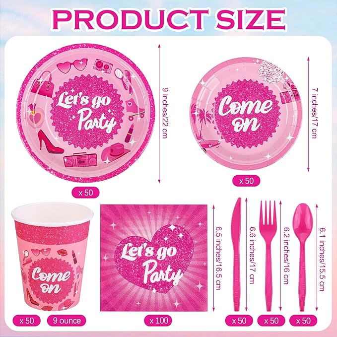 400 Pieces Let's Go Girls Party Tableware Sets Including Disposable Paper Plates Cups Napkins Cutlery Serves 50 for Birthday Disco Pink Cowgirl Bachelorette Party Decorations