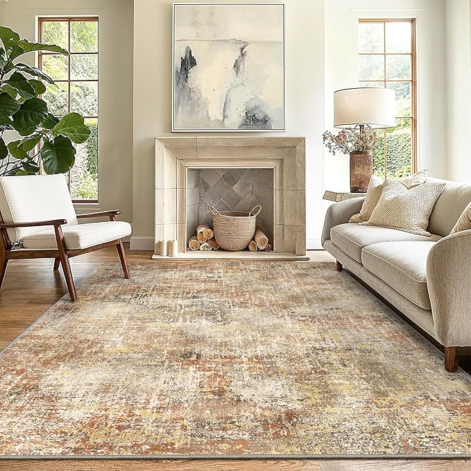 GENIMO Washable Area Rugs for Living Room Bedroom, 8x10 Modern Abstract Non Slip Rug, Low Pile Soft Contemporary Indoor Floor Carpet Cover for Dining Room Kitchen, Orange