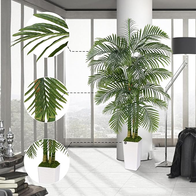 Artificial Golden Cane Palm Tree 7FT, Fake Palm Tree with Three Realistic Trunks and Lifelike Palm Leaves, Faux Palm Plant for Indoor Home Décor with White Planter