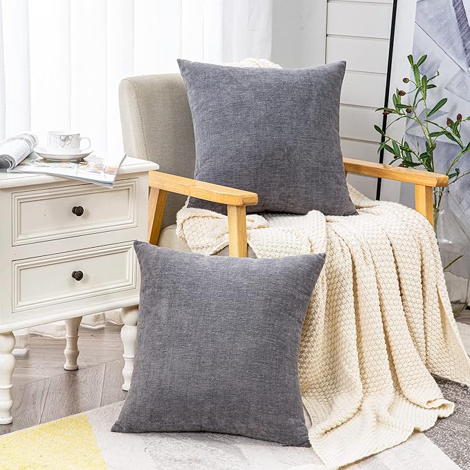 GAWAMAY Decorative Throw Pillow Covers 16x16 Inch Set of 2, Super Soft Chenille Square Pillows Farmhouse Fall Pillowcase for Living Room Bedroom Sofa Couch Cushion Cover Grey 40x40cm (No Insert)