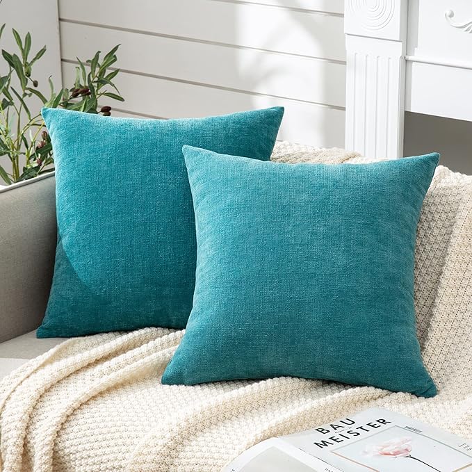 GAWAMAY Decorative Square Throw Pillow Covers Set of 2 for Sofa ,Super Soft Chenille Farmhouse Pillowcases for Living Room Bedroom Home Decoration Couch Cushion Cover Teal 50x50cm/20x20 Inch