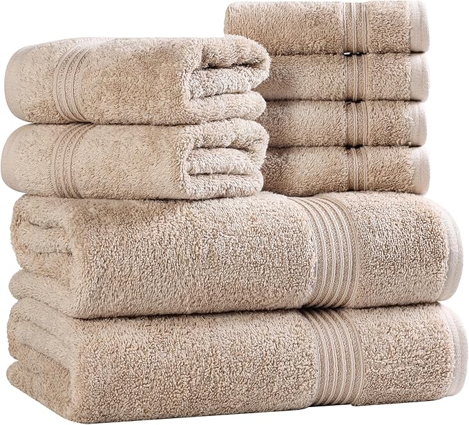 Superior Egyptian Cotton 8-Piece Towel Set, Assorted Towels for Home Bathroom, Guest Bath Decor Essentials, Includes 2 Bath, 4 Hand, 2 Face Towels/Washcloths, Quick Dry, Absorbent, Taupe