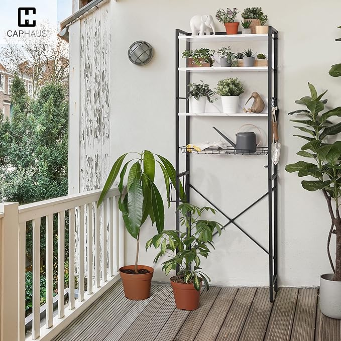 CAPHAUS Over The Toilet Storage, 4-Tier Bathroom Organizer, Freestanding Toilet Shelf, Multifunctional Space Saver Toilet Rack with 4 Hooks, Laundry Organizer, Plant Stand for Balcony (Marble White)