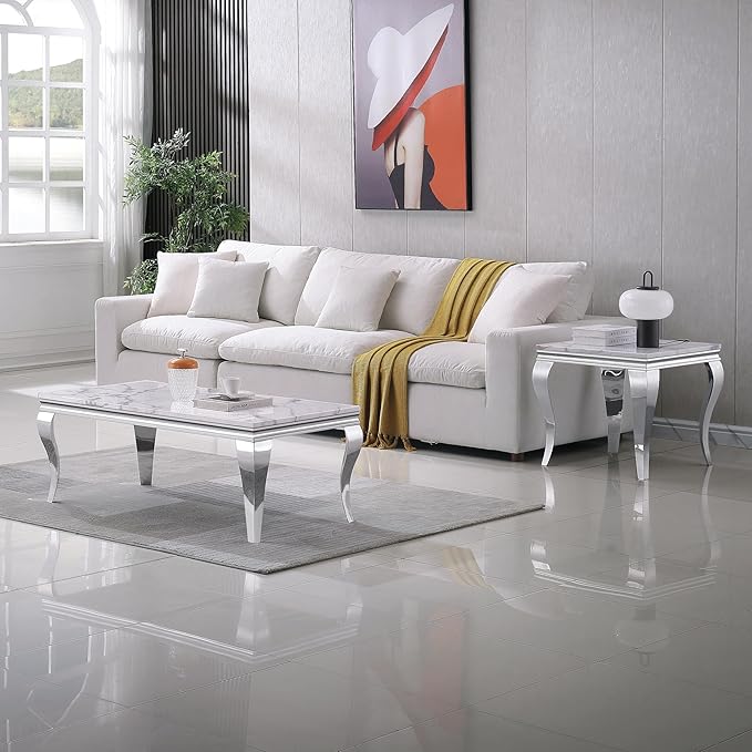 SSLine Modern White Faux Marble End Table Luxury Square Sofa Side Table with Silver Curved Legs Mid-Century Elegant Bedside Table w/Mirrored Stainless Steel Frame for Living Room Bedroom