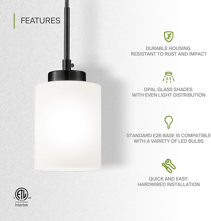 ASD Single Mini-Pendant Ceiling Light Fixture | 60W E26 Socket 120V | Dimmable, LED/CFL/Incandescent Bulbs Compatible, ETL Listed | Hanging Kitchen Island Lighting, Frosted Drop Lamp | Black