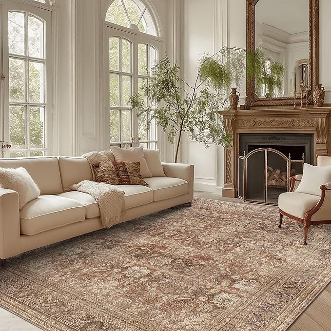 vivorug 5x7 Area Rugs - Ultra-Thin Washable Rug with Non-Slip Backing, Ideal for Living Room, Bedroom, Kitchen Floor Carpet - Vintage, Easy Clean, Durable, Brown