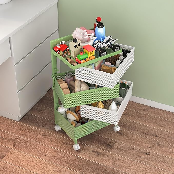 Fruit Basket for Kitchen No Assembly 4-Tier Rotating Storage Rack, Vegetable Storage Cart，Bathroom Shelf,Storage Drawer Cart,Kitchen Organizers and Storage Cart(Green White, 4 Tier-Square)