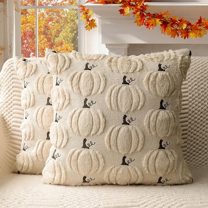 4TH Emotion Fall Pumpkin Decorative Pillow Covers 18x18 Set of 2, Beige Soft Plush Faux Fur Wool Farmhouse Throw Cushion Cases for Autumn Thanksgiving Holiday Home Decorations