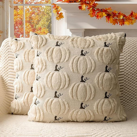 4TH Emotion Fall Pumpkin Decorative Pillow Covers 18x18 Set of 2, Beige Soft Plush Faux Fur Wool Farmhouse Throw Cushion Cases for Autumn Thanksgiving Holiday Home Decorations