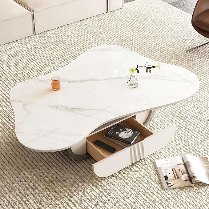 41.7" Marble Coffee Table with Storage Shelf & Drawer, Modern White Silver Coffee Tables for Living Room,Sturdy Stainless Steel Base, Sintered Stone Tabletop, Irregular Tea Cocktail Center Table