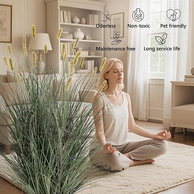 3ft Onion Grass, Artificial Plant and Greenery, Fake Floor Plants Indoor Outdoor, Potted Faux Green Bristlegrass with Yellow Spikes, Horsetail Reed Grass, House Decorative