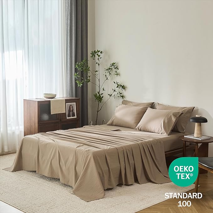 100% Cotton 6-Piece Queen Size 102" x 90" Bedding Set - Fitted Sheet, Flat Sheet & 4 Pillowcases with 17" Deep Pocket,Soft Breathable Bed Sheets for Cozy Sleep,Mocha Brown