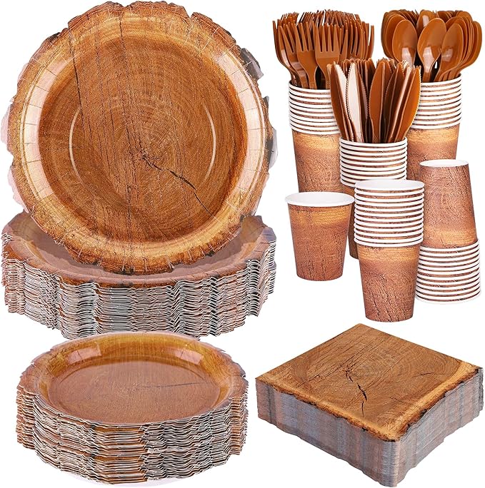 400 Pieces Wood Grain Slice Disposable Party Tableware Sets Rustic Wood Party Supplies Including Plates Cups Napkins Cutlery Serves 50 for Camping Birthday Forest Themed Party Decorations