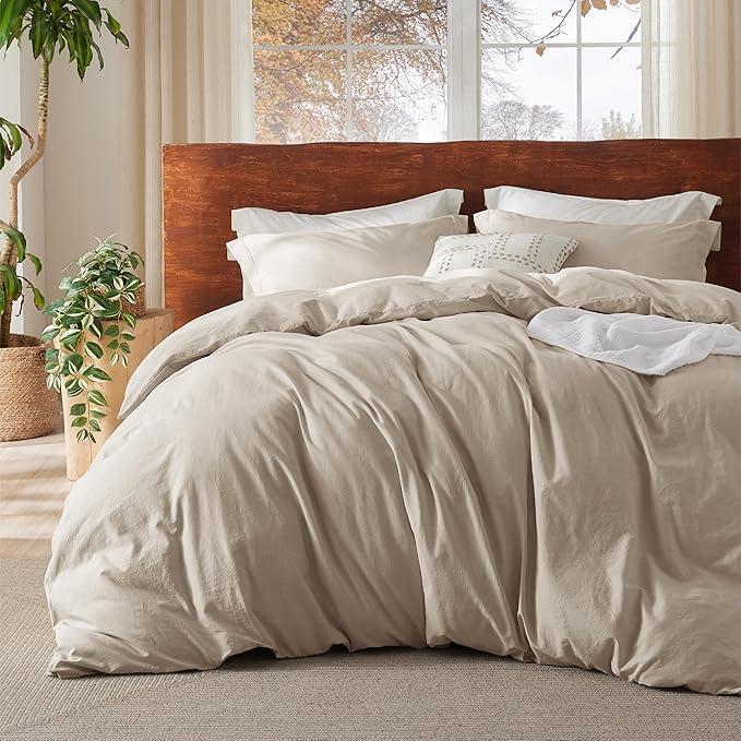 Bedsure 100% Washed Cotton Duvet Cover King Size - Greige Minimalist Cotton Duvet Cover Linen Like for All Seasons - GentleSoft™ Plain Simple Bedding, 3 Pieces (Greige, King, 104"x90")