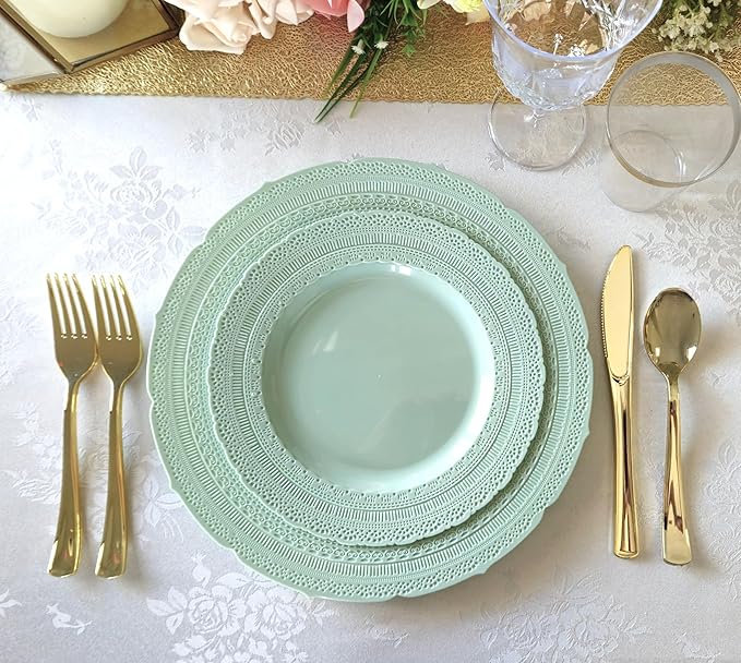 " OCCASIONS " 50 Plates Pack (25 Guests)-Extra Heavyweight Vintage Wedding Disposable/Reusable Plastic Plates -25x11'' Dinner + 25x8.25'' Salad/dessert (Chateau Mint)