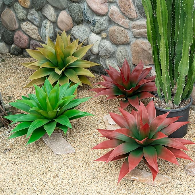 Artificial Agave 22" Faux Agave Fake Greenery Outdoor Artificial Plant Fake Plant for Indoor Home Decoration Plastic Plant Outdoor Decor Front Porch Decor Simulation Plants (Red 2Pcs) No Vase