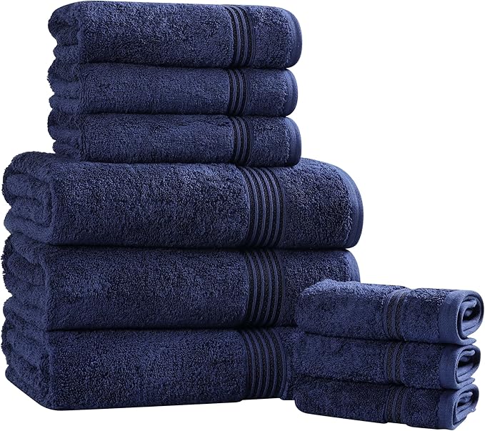 Superior Egyptian Cotton 9-Piece Towel Set, Assorted Towels for Home Bathroom, Master, Guest Bath, Decor Essentials, Includes 3 Bath, 3 Hand, 3 Face Towels/Washcloths, Quick Dry, Absorbent, Navy Blue