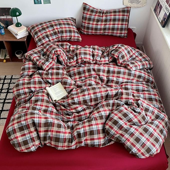 VM VOUGEMARKET Buffalo Gingham Duvet Cover Set Queen,3 Pieces Washed Cotton Bedding Set,Breathable Luxury Plaid Duvet Cover with Zipper Closure(Red&Brown)