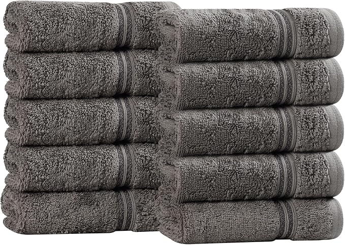 Superior Egyptian Cotton Face Towel/Washcloth Set, Small Towels for Home Bathroom, Master, Guest Bath, Decor Essentials, Quick Dry, Absorbent, Spa, Hotel, Resort, Adult, Kids, Set of 10, Charcoal