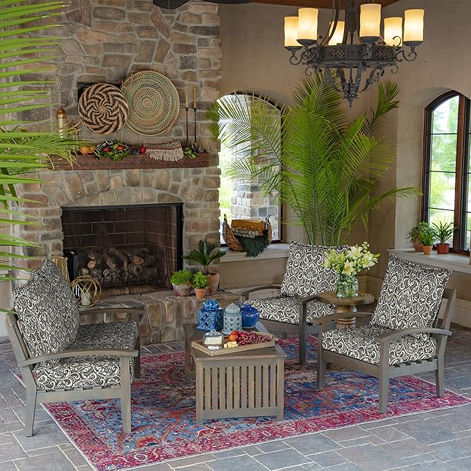 Arden Outdoor Deep Seat Cushion Set, 24 in x 24 in, Weather-Proof, Rain-Proof, Fade Resistant Patio Cushion for Chair, Sofa, and Couch Black Aurora Damask