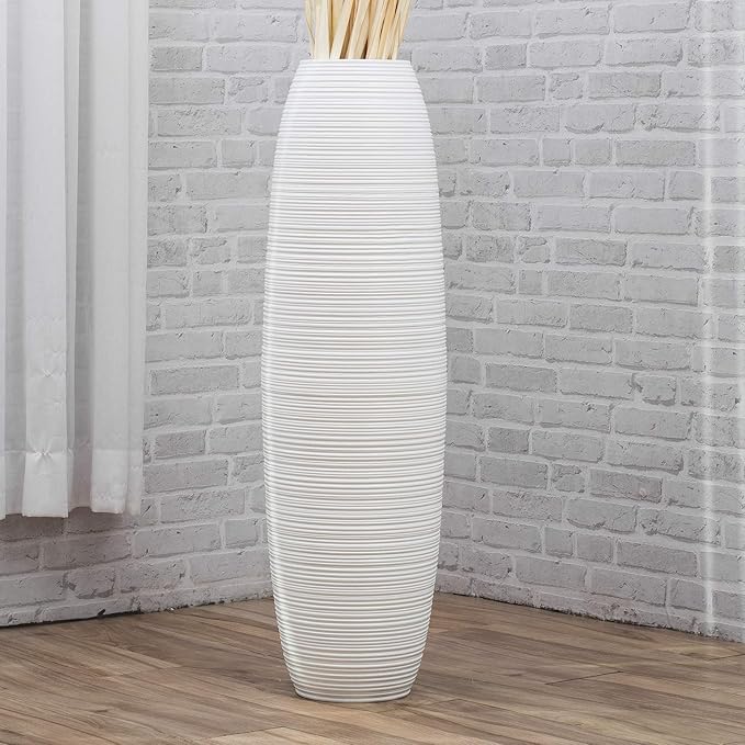 Leewadee Large White Home Decor Floor Vase – Wooden 43 inches Tall Farmhouse Decor Flower Holder for Fake Plant and Pampas Grass
