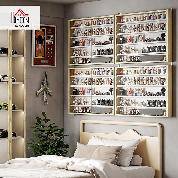 HOMCOM 5-Tier Display Cabinet, Glass Door Cabinet with Adjustable Shelves, Wall-Mounted Display Case for Playroom, Bedroom, Oak and White