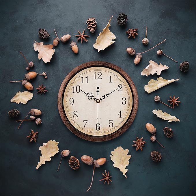 Bernhard Products Vintage Brown Wall Clock Silent Non Ticking 10 Inch Quality Quartz Battery Operated Round Decorative Easy to Read for Home Kitchen Living/Dining Room Bedroom Office Classroom School