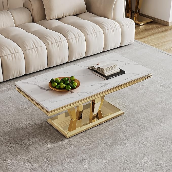 SSLine Rectangular Faux Marble Coffee Table for Living Room Modern Luxury White Marble Center Table with Gold Diamond Base 46.8" Mid-Century Cocktail Table with Mirrored Stainless Steel Frame