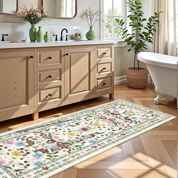 Deerly Floral Runner Rug 2x6 for Hallway Vintage Boho Washable Bathroom Kitchen Bedroom Runner Rugs Non-Slip Soft Low Pile Thin Indoor Carpet for Laundry Room Farmhouse, Beige/Green/Multi