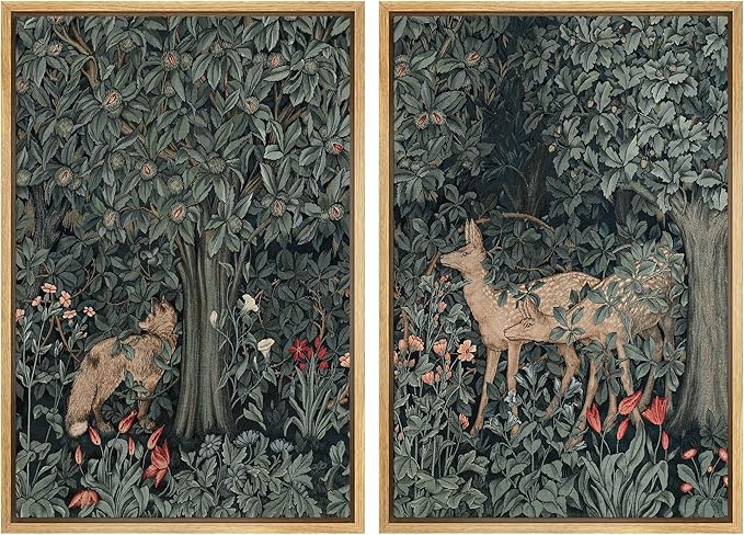 MUDECOR Framed Canvas Print Wall Art Enchanting Forest Wildlife Prints Deer & Fox in Woodland Nature Wilderness Illustrations Realism Decorative for Living Room, Bedroom, Office - 24"x36"x2 Natural